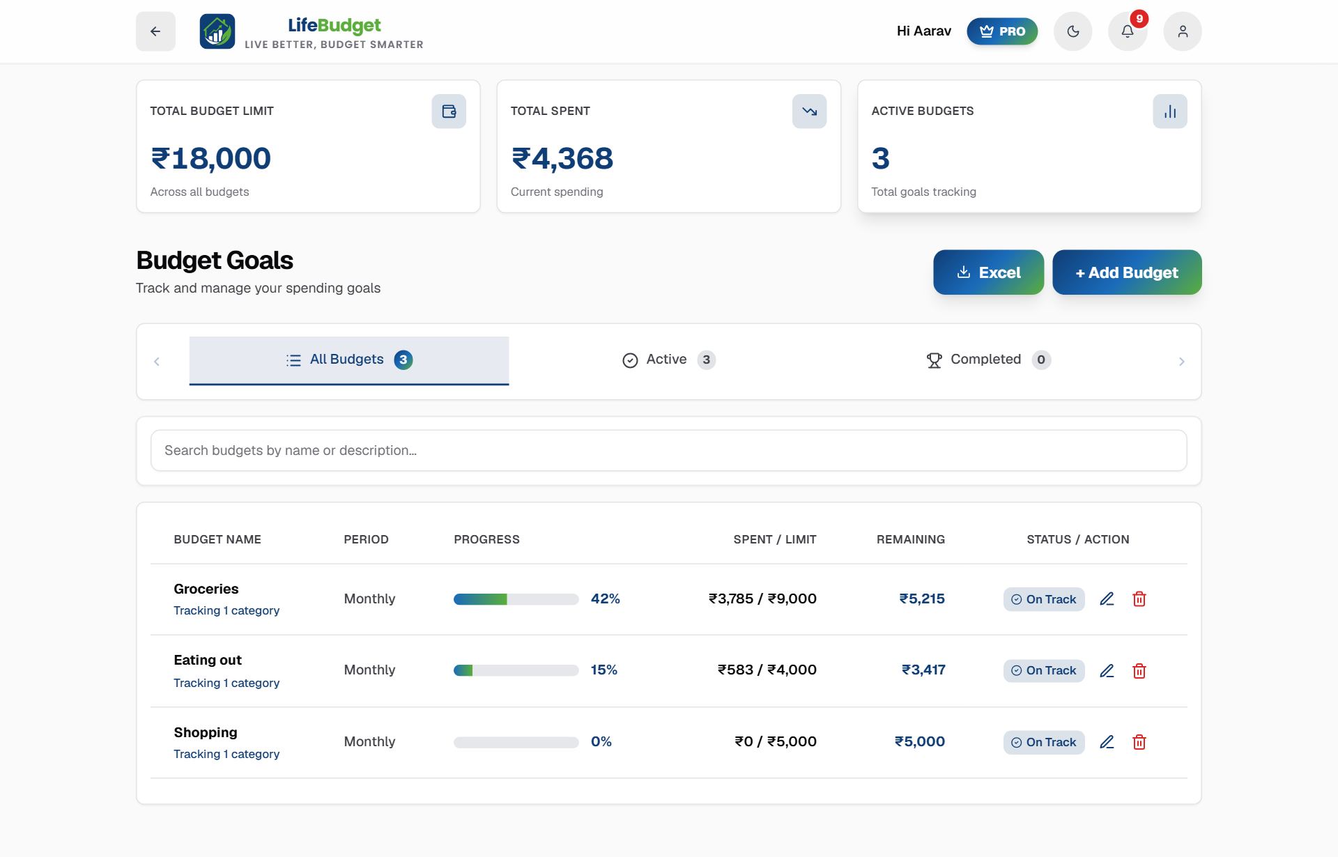 Budget page showing monthly budgets with amounts spent against each limit